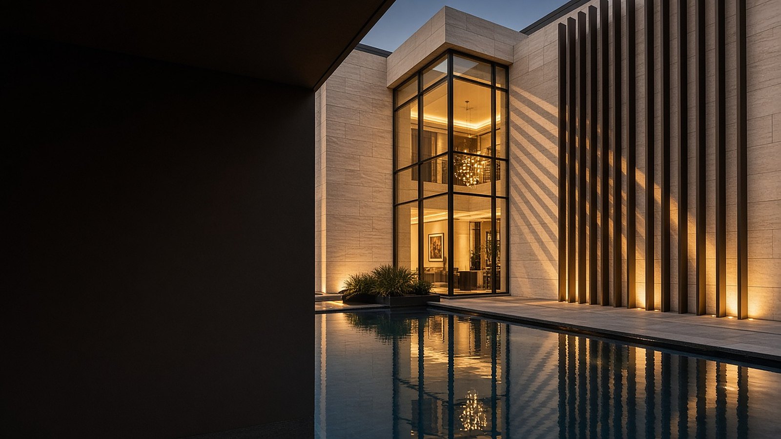 Stone-clad house at dusk: a double-height glass entrance, lit bronze fins and a still reflecting pool.