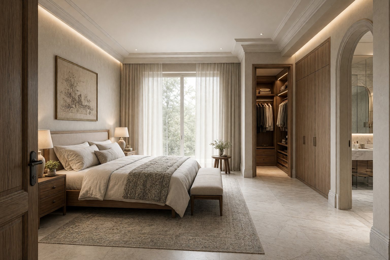 Design visual of a warm master bedroom suite. Design study.